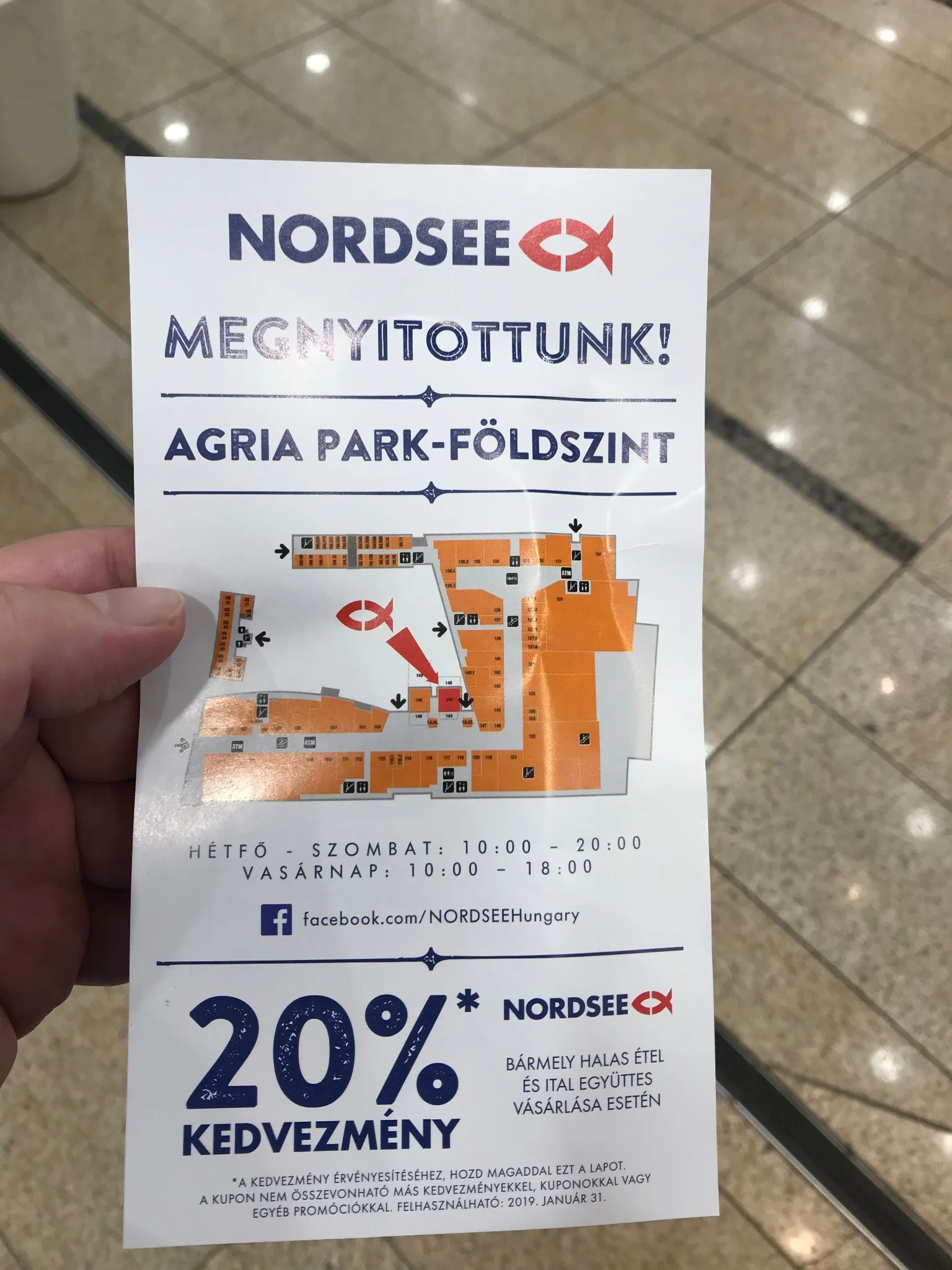 Nordsee megnyitási szórólap térképpel, nyitvatartással és 20 százalékos kedvezménnyel