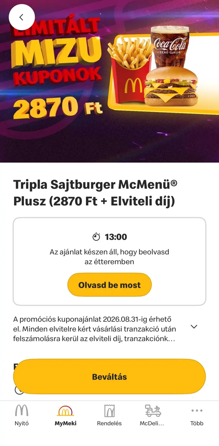 MyMeki alkalmazás Tripla Sajtburger McMenü Plusz kuponja 2870 forintos árral, 13 perces beváltási idővel és beolvasási gombbal