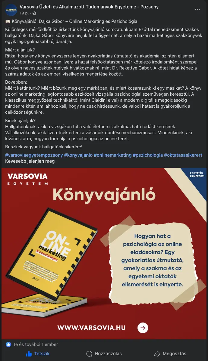 A Varsovia könyvajánló bejegyzésének részlete a könyv borítójával és ajánlószöveggel