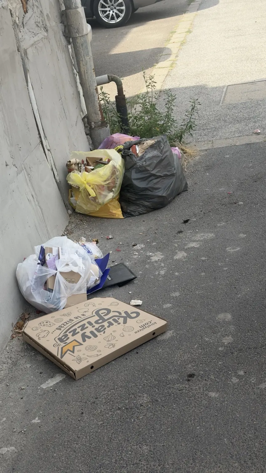 Márkajelzett pizzásdoboz és hulladékzsákok egy egri járda mellett